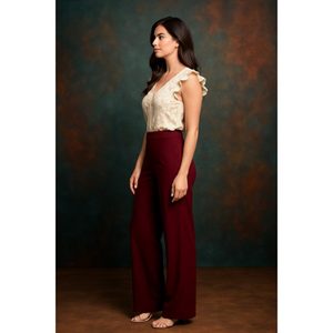 Pantalon de luxe coupe droite basique couleur vin, taille haute, tissu extensible doux, taille élastique, écologique, durable, pour usage quotidien - Product Image 6