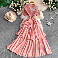 Robes haut de gamme, robe élégante pour femme, robe à fleurs tridimensionnelles perlées, col rond, ourlet plissé, jupe plissée