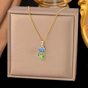 <span class=keywords><strong>Collana</strong></span> a catenina a forma di <span class=keywords><strong>tulipano</strong></span> in acciaio inossidabile con fiore di lusso Non sbiadito 18k placcato in vero oro smalto a goccia regalo - Product Image 4