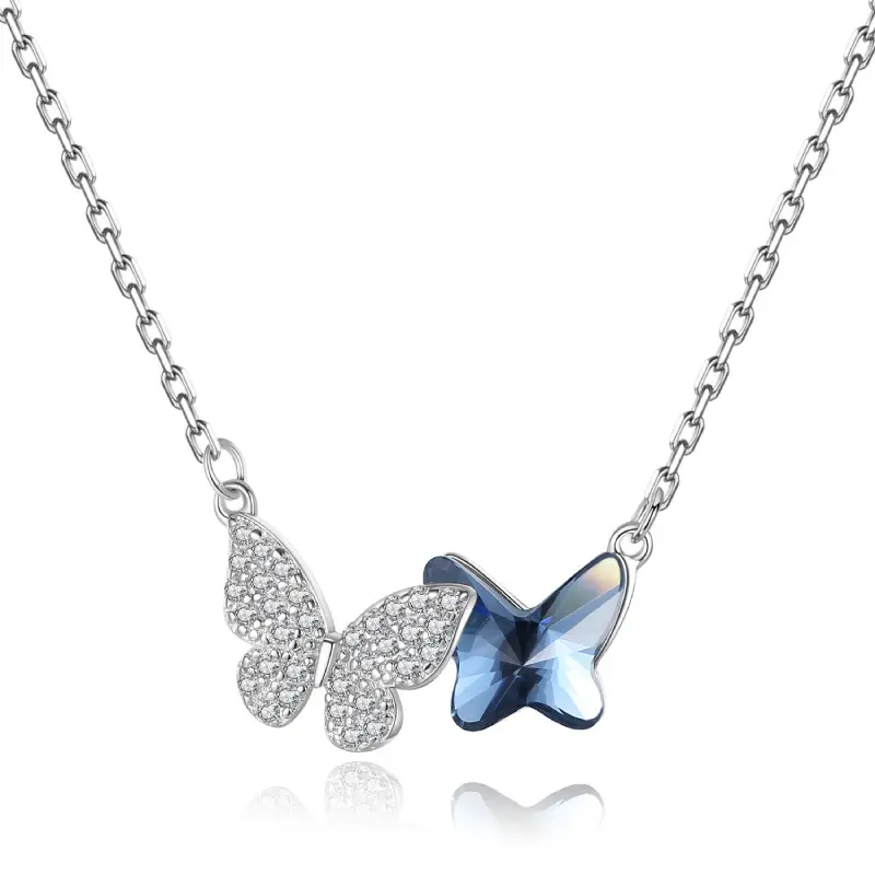 Fashion Jewelry HIght Quality S925 Sterling Silver Pendant Blue Butterfly Necklace Crystal Necklace Women