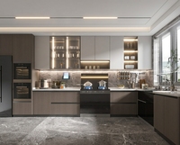 Lemari Dapur Apartemen Lesso Home Modern Modular Kayu Gelap Terang dengan Lampu LED, Rak Terbuka, Material Particleboard MDF, Engsel, Laci Geser, Lapisan Lacquer, Kaca, dan Wastafel