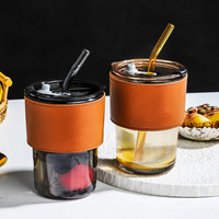 Gobelet à café, thé au lait, cadeau, design minimaliste de style bambou, 450 ml, avec manchon en cuir, isolation thermique, anti-fuite, paille en verre
