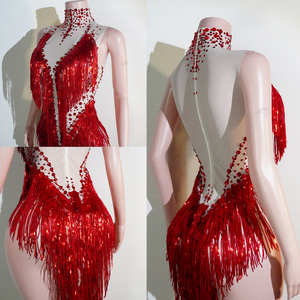 Combinaison de danse latine rouge rubis en spandex/polyester avec franges de strass lourds pour performance de scène de carnaval de Samba - Product Image 6