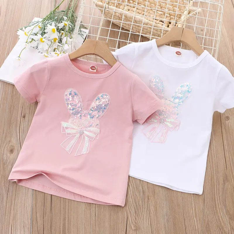 Goedkope Groothandel Boetiek Zomer Kinderkleding Korte Mouw Katoenen Lovertjes Lieve Baby Girl T-Shirt