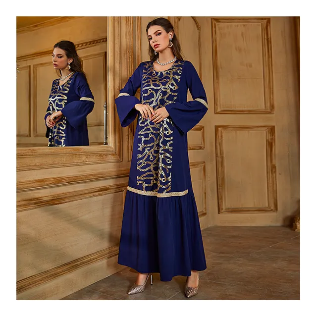 high quality Blue Versatile Long Sleeve Loose dress Summer 2022 new Vintage Sequin Embroidered Long Dress