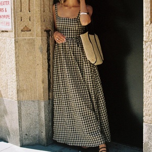 Premium Quality Gingham Cotton Linen Maxi Dress Women's <b>Spaghetti</b> <b>Strap</b> Square Neck A-Line Casual Natural Waist Dress - Product Image 1