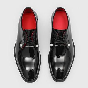 Black Patent Leather <b>Men's</b> Oxfords Pointed Toe Lace-up Dress <b>Shoes</b> <b>Red</b> Lining Rubber Outsole All Seasons - Product Image 2