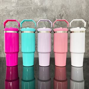 US Warehouse 30oz Sublimation Blank Colorful Leakproof Mug 30 oz <b>Macaron</b> Glossy Flip Straw Travel Coffee Cup Tumbler with Handle - Product Image 1