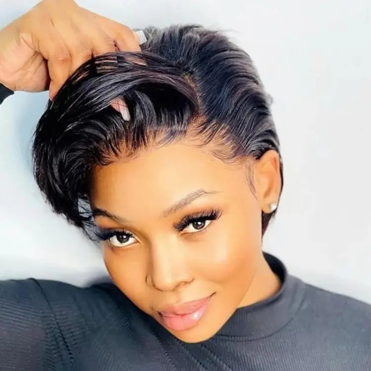 Hot Beauty 13x4 Lace Front Pixie Cut Wig Wholesale 100% Brazilian Short Wigs Human Hair Bob Wig With Bang For Black Women