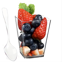 Vaso Desechable Trapezoidal de Plástico PS de 160ml (5oz) Moldeado por Inyección, Apto para Alimentos, para Mousse y Postres, con Tapa y Cuchara, para Venta al por Menor