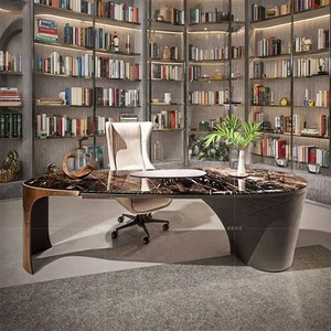 Ensemble de chaise de bureau de direction contemporaine de luxe italienne, bureau de maison moderne italien, acier inoxydable, plateau en bois et marbre, patron - Product Image 1