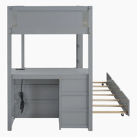 Lit superposé avec bureau, tiroirs et lit gigogne gris, lit double sur lit double gigogne, lits à deux niveaux pour enfants et adultes
