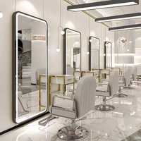 Miroir de salon moderne à cadre doré en MDF, miroir arqué à LED, miroir de coiffure rétroéclairé à fixer au mur, pour salon de coiffure, salon de beauté