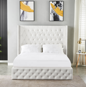 Nút da trắng cực kỳ thanh lịch búi cánh trở lại Đầu giường cao Nâng Thủy Lực Kích thước Vua lưu trữ Nữ Hoàng nền tảng giường - Product Image 2