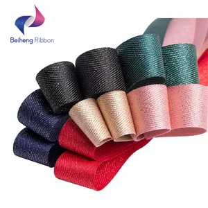 Custom Pink / Green / Brown / Blue Wedding Metallic Woven Gift Herringbone Ribbon Wholesale Double Face 100% Polyester
