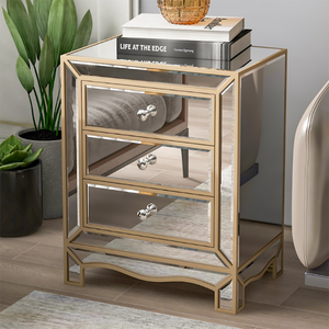 Modern 3-Drawer Mirrored <strong>Bedside</strong> Table Clear <strong>Mirror</strong> and MDF Wood for Bedroom or Living Room - Product Image 4