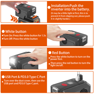 200W portatile AC <span class=keywords><strong>inverter</strong></span> con USB TYPE-C PD3.0 per <span class=keywords><strong>Black</strong></span> & <span class=keywords><strong>Decker</strong></span> <span class=keywords><strong>power</strong></span> tool 40V batteria al litio esterno <span class=keywords><strong>power</strong></span> bank luce LED - Product Image 4