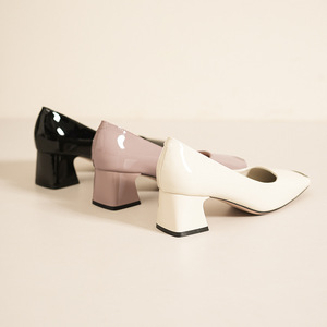 Escarpins à bout carré et talon carré en cuir verni, talon moyen, chaussures de bureau à enfiler, souples et confortables pour femme, toutes saisons - Product Image 1