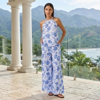 Setelan Dua Potong Wanita 100% Linen - Atasan Halter Neck & Celana Kaki Lebar dengan Motif Bunga untuk Musim Panas