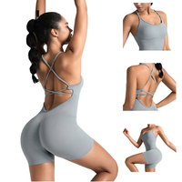 Combinaison de sport sexy style européen-américain, col en V, respirante, en Spandex/Nylon, une pièce, avec short intégré - Nouvelle combinaison de yoga transfrontalière