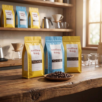 Sachet de café personnalisé imprimé en gros, à huit soudures latérales, avec fenêtre, valve de dégazage refermable et fond plat pour grains de café