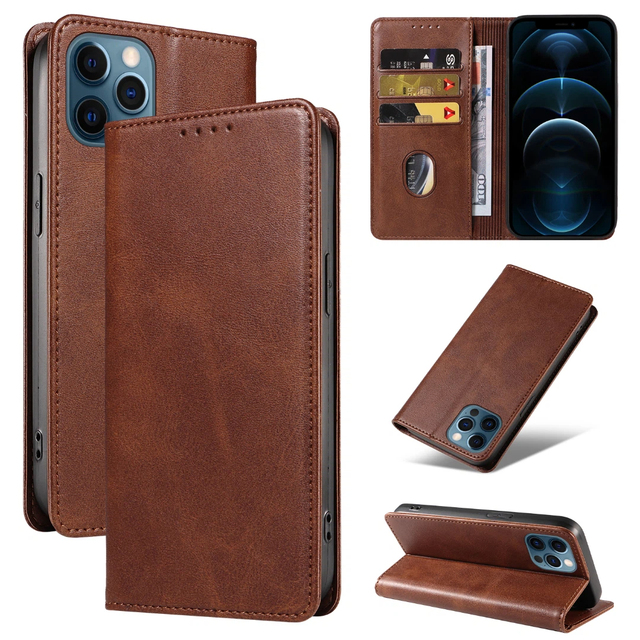 PU Leather Wallet Flip Case for iPhone 12 Pro/12 - Phone Stand Cover with Card Slots, Magnetic Closure & Shockproof Shell