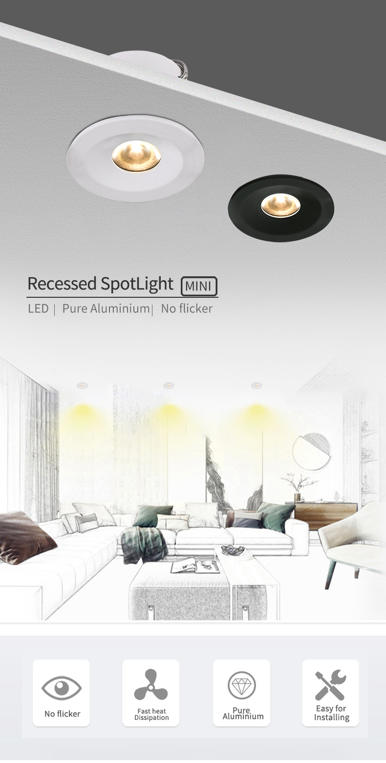 Black Aluminium 3.3W 43Mm 220V Mini Downlight LED Cabinet Light