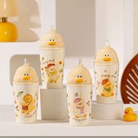 Mug en céramique Lelyi avec couvercle, motif canard jaune créatif et mignon, tasse à café avec paille, idéal pour la maison, cadeau d'anniversaire