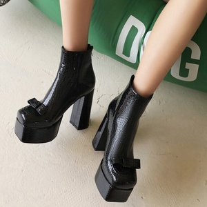 Botines de tacón cuadrado con estampado de serpiente para mujer, talla grande 48, con lazo, punta cuadrada, primavera-otoño, zapatos de tacón alto de ajuste ancho - Product Image 1