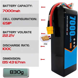 <span class=keywords><strong>Batterie</strong></span> Lipo <span class=keywords><strong>6S</strong></span> 22.2V 100C 7000mAh avec prise XT60 pour Buggy, Truggy, Voiture Tout-Terrain, Bateau, Camion, Avion, UAV de Course 1/8 902025 102040 - Product Image 1