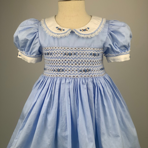 ODM ชุดเดรสเจ้าหญิงผ้าฝ้ายสีฟ้าสำหรับเด็กผู้หญิง12ปี + ของขวัญที่สมบูรณ์แบบผ้าฝ้ายสีฟ้าแบบสม็อค - Product Image 2