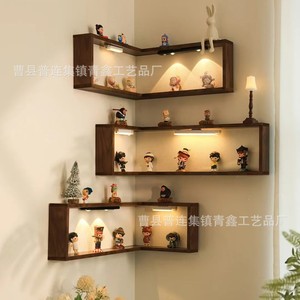 Wooden <b>Wall</b> <b>Mounted</b> Corner <b>Shelf</b> 90 Degree Solid Wood Display Rack For Living Room With Led Light Multi Layer Storage - Product Image 1