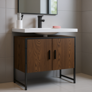 Mueble de Baño con Lavabo en Madera de Roble Ahumado, Estructura de Acero con Recubrimiento en Polvo, Diseño Industrial de Pie - Product Image 2