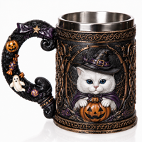 Chope à bière personnalisée en résine, motif chat blanc sorcière d'Halloween, avec doublure amovible en acier inoxydable de qualité alimentaire, peinte à la main, style gothique