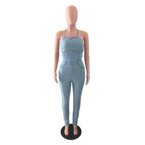 Nouvelle Arrivée Combinaison en Jean Tricoté Uni pour Femme Décontractée Sexy Sans Manches Col Halter Taille Haute Printemps - Product Image 6