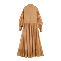 Robe longue décontractée à col montant marron avec lacets et boutons, manches longues lanternes, pour femmes