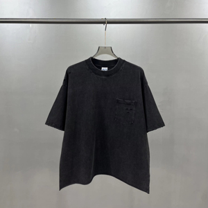 Camiseta de Verano para Hombre, Estilo Retro, Tejido de Punto Lavado, 100% Algodón, Manga Corta, Bordes Desgarrados, Diseño de Bolsillo Inclinado - Product Image 3
