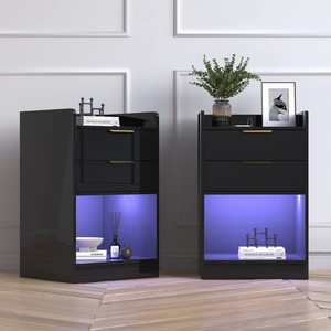 Mueble <span class=keywords><strong>de</strong></span> <span class=keywords><strong>Noche</strong></span> Moderno <span class=keywords><strong>de</strong></span> Madera <span class=keywords><strong>de</strong></span> Lujo Más Vendido con Luz LED y Cargador Inalámbrico, Mesa <span class=keywords><strong>de</strong></span> <span class=keywords><strong>Noche</strong></span> Negra para el Hogar - Product Image 3