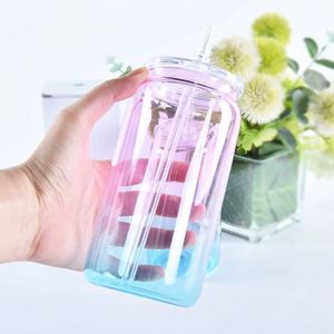 Verre à bière en borosilicate de haute qualité 16oz (480ml) avec couvercle à paille, portable, transparent, multicolore, personnalisable, forme canette, style bocal Mason - Product Image 2