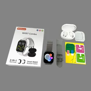 Jam tangan cerdas WK97, jam tangan cerdas WK97 Reloj, panggilan BT, dengan earbud dalam telinga, pemutar musik, TWS 2 In 1, Earphone cerdas