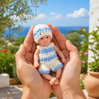 6 Zoll große, vollständig aus Silikon gefertigte Reborn-Babypuppe, wach, mit offenem Augenblick, blau-weißem Häkelstrampler und Mütze, Neugeborenenpuppe für Rollenspiele
