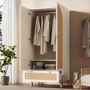 Armoire à portes en rotin moderne SENYU avec poignée en bois et tiroir pour le rangement de la chambre - Product Image 4