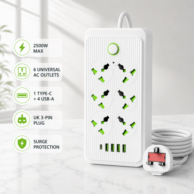Customized Surge Protection Industrial Universal Power Strip 2500W 10A 1 Type-C 4 USB Overload Safety Door Extension Socket IP44