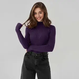 High Quality Casual Pure Plain Design Women'S Woven Turtle Neck Lady Knitted Thin Pullover Tops Custom Knit Sweater For Women