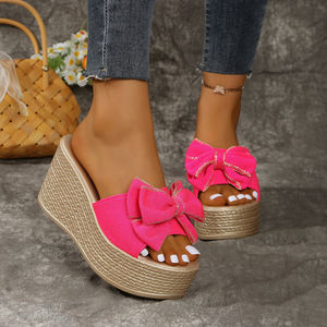 Nouvelles sandales compensées d'été grande taille 701 pour femmes avec nœud et semelle épaisse, style claquettes à plateforme, vente en gros transfrontalière - Product Image 3