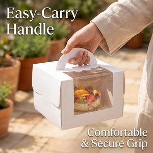 Boîte pliable carrée portable pour emballage alimentaire avec poignée et fenêtre pour anniversaire, mariage, Noël - Matériaux recyclés, tailles et couleurs personnalisées - Product Image 4
