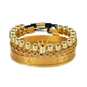 New 18K Gold Plated Stainless Steel Bracelet set Crown Braided Beaded Set Bangle Bracelet Jewelry
