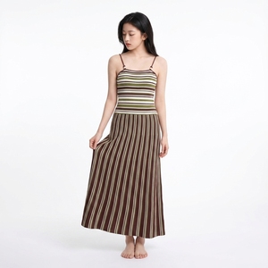 Robe longue décontractée d'été pour femme, personnalisée, en crochet, à taille empire, à rayures, sans bretelles, coupe trapèze, en acrylique, ajustée, sans manches - Product Image 2