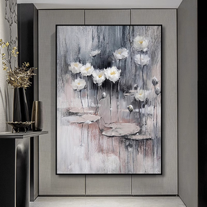 Vincent Monet Water Lily sang trọng dọc hoa cổ điển sinh sản trang trí tường không khung 3D màu đen và trắng xám vẽ tay - Product Image 3
