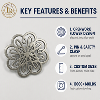 Broche Fleurie Ajourée en Argent pour Femme, Épingle de Revers en Alliage de Zinc 40mm, Décoration pour Manteau et Écharpe, Personnalisation OEM